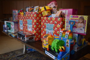 Toys wrapped and tabled for holiday toy drive